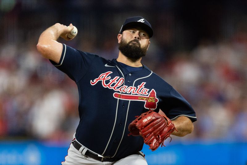 Sep 11, 2023; Philadelphia, Pennsylvania, USA; Atlanta Braves pitcher Jackson Stephens (53) throws a pitch during the fourth inning against the Philadelphia Phillies at Citizens Bank Park. Mandatory Credit: Bill Streicher-USA TODAY Sports