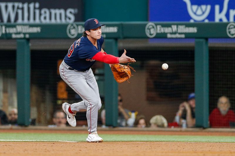 Sep 19, 2023; Arlington, Texas, USA; Boston Red Sox first baseman Bobby Dalbec (29) fields a ground ball during the second inning against the Texas Rangers at Globe Life Field. Mandatory Credit: Andrew Dieb-USA TODAY Sports