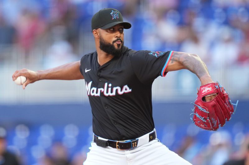 Apr 12, 2025; Miami, Florida, USA;  Miami Marlins pitcher Sandy Alcantara (22) pitches in the first inning against the Washington Nationals at loanDepot Park. Mandatory Credit: Jim Rassol-Imagn Images