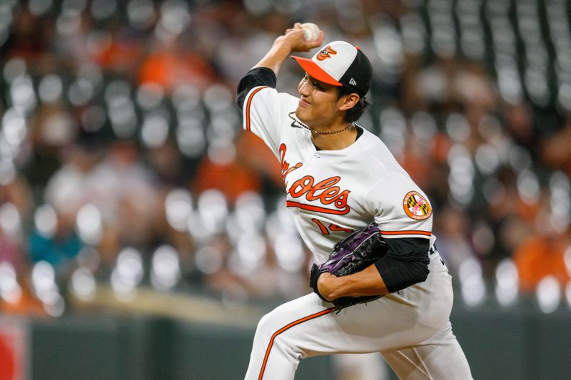 Aug 29, 2023; Baltimore, Maryland, USA; Baltimore Orioles relief pitcher Shintaro Fujinami (14) pitches during the ninth inning against the Chicago White Sox at Oriole Park at Camden Yards. Mandatory Credit: Reggie Hildred-USA TODAY Sports