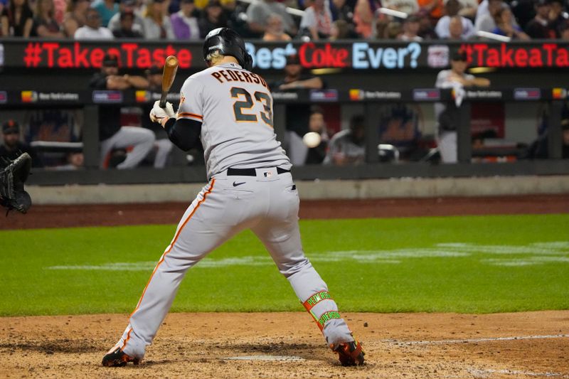 Jul 2, 2023; New York City, New York, USA; San Francisco Giants right fielder Joc Pederson (23) gets hit by a pitch against the New York Mets during the eighth inning at Citi Field. Mandatory Credit: Gregory Fisher-USA TODAY Sports