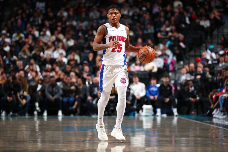 BROOKLYN, NY - APRIL 6: Marcus Sasser #25 of the Detroit Pistons dribbles the ball during the game against the Brooklyn Nets on April 6, 2024 at Barclays Center in Brooklyn, New York. NOTE TO USER: User expressly acknowledges and agrees that, by downloading and or using this Photograph, user is consenting to the terms and conditions of the Getty Images License Agreement. Mandatory Copyright Notice: Copyright 2024 NBAE (Photo by David L. Nemec/NBAE via Getty Images)