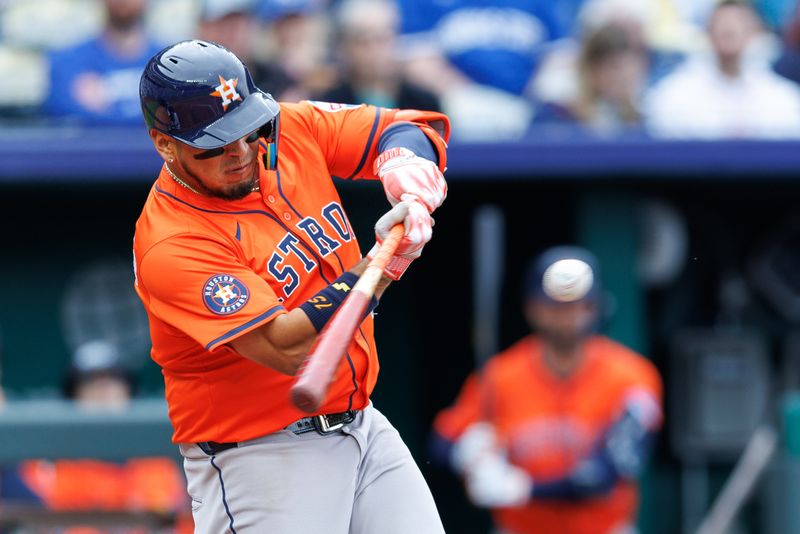 Apr 27, 2025; Kansas City, Missouri, USA; Houston Astros outfielder Chas McCormick (20) at bat during the third inning against the Kansas City Royals  at Kauffman Stadium. Mandatory Credit: William Purnell-Imagn Images