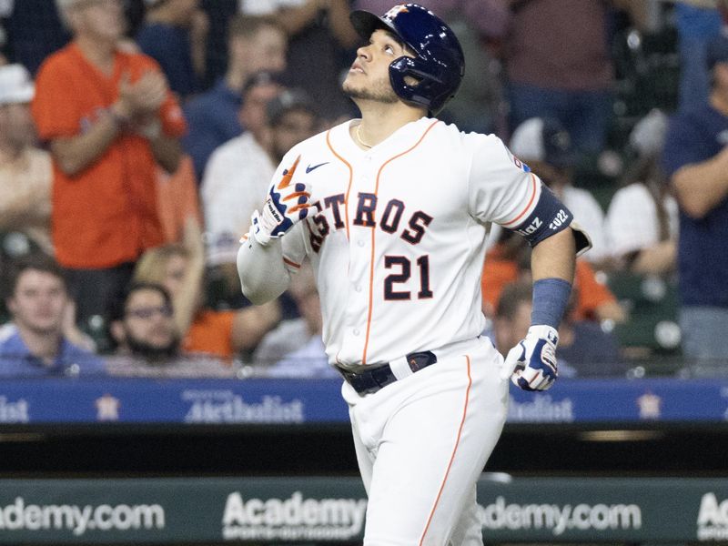 Sep 19, 2023; Houston, Texas, USA; Houston Astros catcher Yainer Diaz (21) celebrates his two run home run against the Baltimore Orioles in the sixth inning at Minute Maid Park. Mandatory Credit: Thomas Shea-USA TODAY Sports