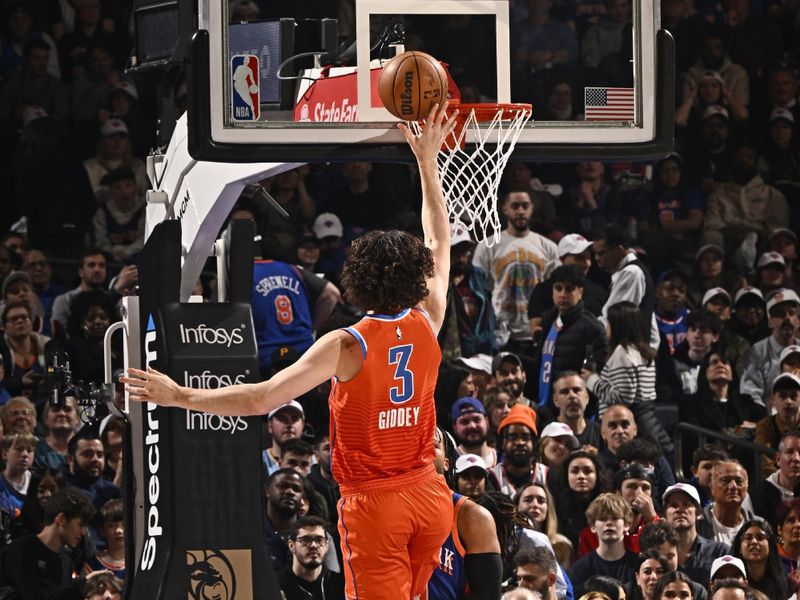 NEW YORK, NY - MARCH 31: Josh Giddey #3 of the Oklahoma City Thunder drives to the basket during the game against the New York Knicks on March 31, 2024 at Madison Square Garden in New York City, New York.  NOTE TO USER: User expressly acknowledges and agrees that, by downloading and or using this photograph, User is consenting to the terms and conditions of the Getty Images License Agreement. Mandatory Copyright Notice: Copyright 2024 NBAE  (Photo by David Dow/NBAE via Getty Images)