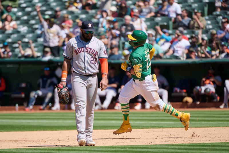 May 26, 2024; Oakland, California, USA; Oakland Athletics catcher Shea Langeliers (23) runs the bases after hitting a home run against the against the Houston Astros during the ninth inning at Oakland-Alameda County Coliseum. Mandatory Credit: Robert Edwards-USA TODAY Sports