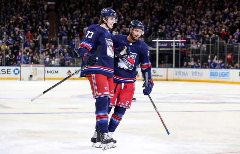Mar 9, 2024; New York, New York, USA; New York Rangers center Matt Rempe (73) celebrates a goal with defenseman K'Andre Miller (79) that was later overturned by replay during the second period against the St. Louis Blues at Madison Square Garden. Mandatory Credit: Danny Wild-USA TODAY Sports