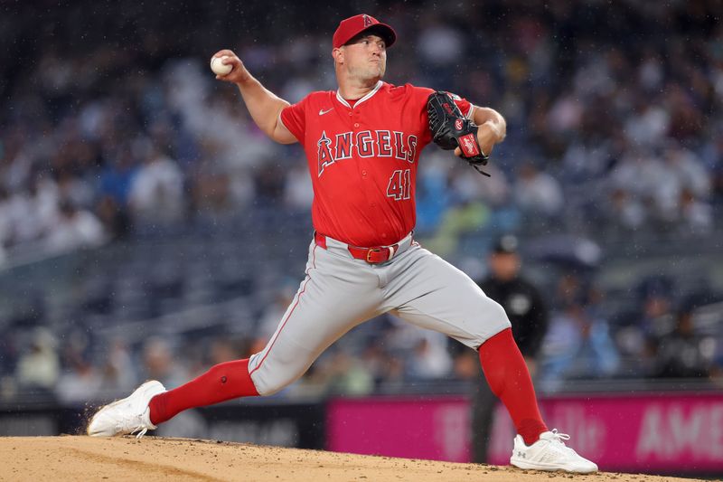 Aug 7, 2024; Bronx, New York, USA; Los Angeles Angels relief pitcher Carson Fulmer (41) pitches against the New York Yankees during the first inning at Yankee Stadium. Mandatory Credit: Brad Penner-USA TODAY Sports