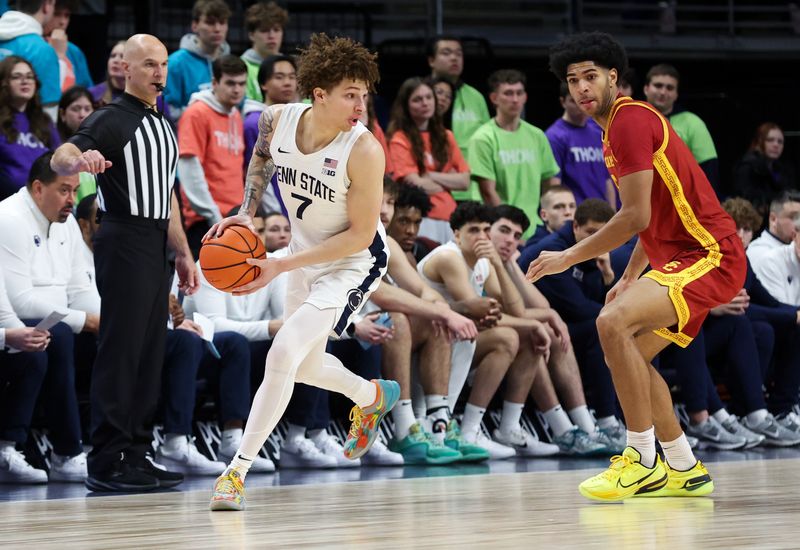 Feb 8, 2026; University Park, Pennsylvania, USA; Penn State Nittany Lions guard Dominick Stewart (7) looks to pass the ball during the second half against the Southern California Trojans at Bryce Jordan Center. Mandatory Credit: Matthew O'Haren-Imagn Images