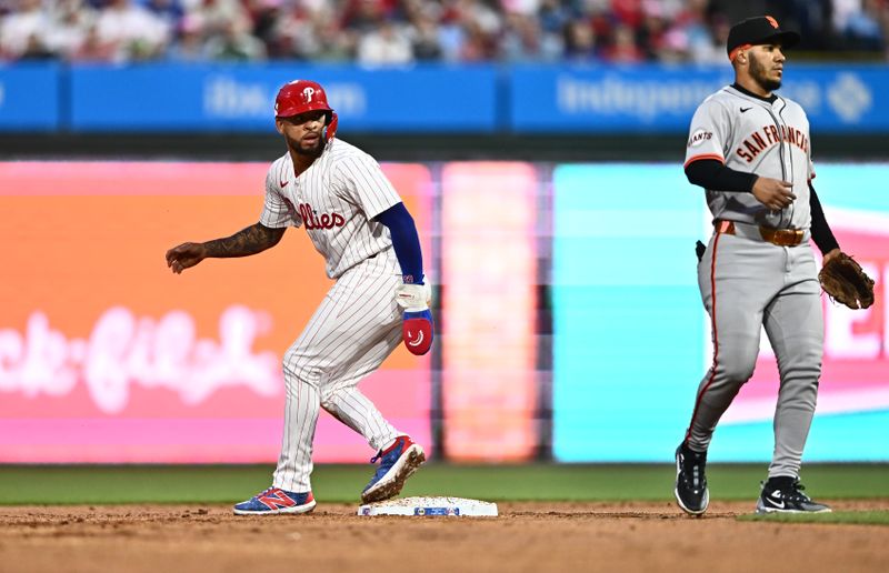 May 5, 2024; Philadelphia, Pennsylvania, USA; Philadelphia Phillies infielder Edmundo Sosa (33) steals second against the San Francisco Giants in the second inning at Citizens Bank Park. Mandatory Credit: Kyle Ross-USA TODAY Sports