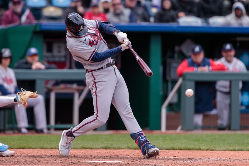 Apr 16, 2023; Kansas City, Missouri, USA; Atlanta Braves second baseman Vaughn Grissom (18) at bat during the ninth inning against the Kansas City Royals at Kauffman Stadium. Mandatory Credit: William Purnell-USA TODAY Sports