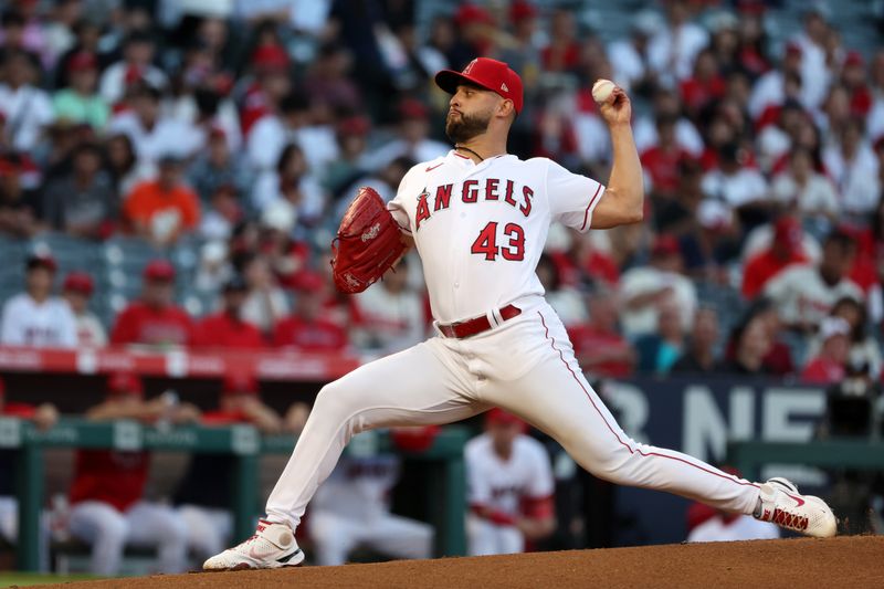 Sep 6, 2023; Anaheim, California, USA;  Los Angeles Angels starting pitcher Patrick Sandoval (43) pitches during the first inning against the Baltimore Orioles at Angel Stadium. Mandatory Credit: Kiyoshi Mio-USA TODAY Sports