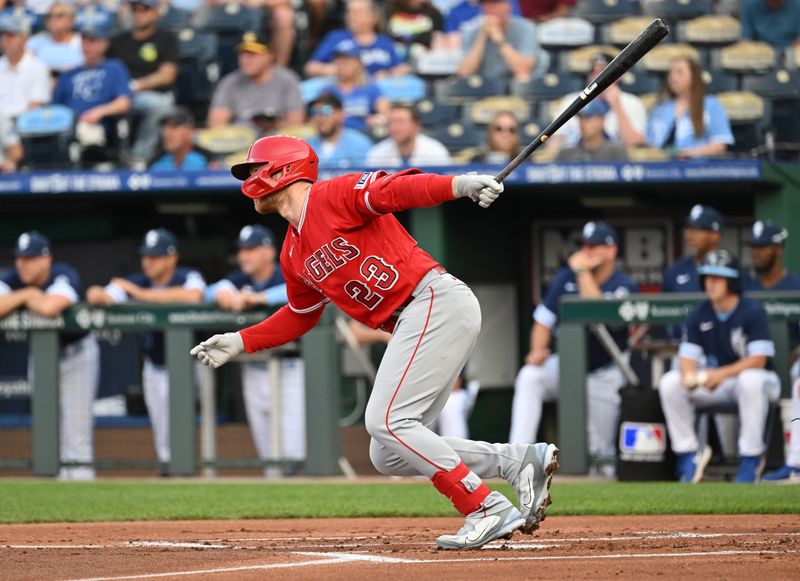 Jun 16, 2023; Kansas City, Missouri, USA; Los Angeles Angels second baseman Brandon Drury (23) hits an RBI single in the first inning against the Kansas City Royals at Kauffman Stadium. Mandatory Credit: Peter Aiken-USA TODAY Sports