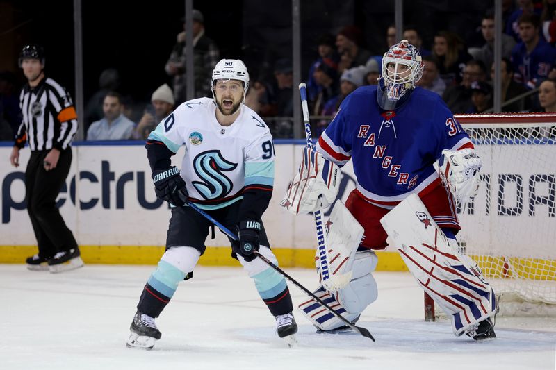 Jan 16, 2024; New York, New York, USA; Seattle Kraken left wing Tomas Tatar (90) skates against New York Rangers goaltender Igor Shesterkin (31) during the second period at Madison Square Garden. Mandatory Credit: Brad Penner-USA TODAY Sports