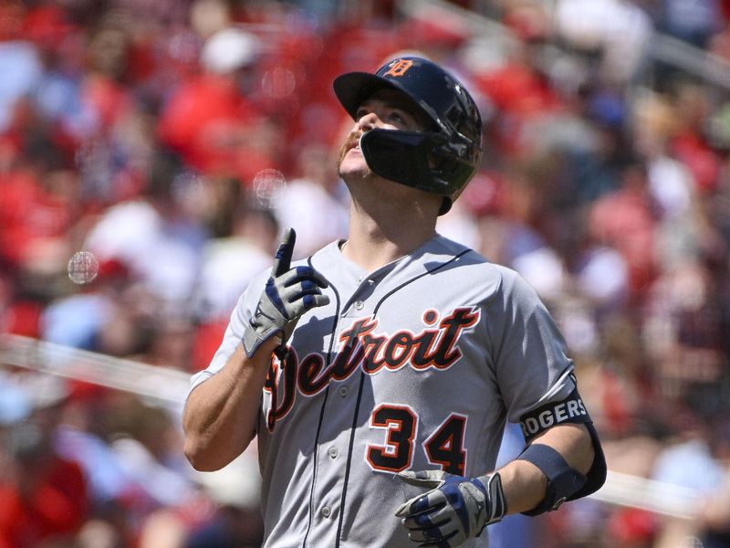 May 7, 2023; St. Louis, Missouri, USA;  Detroit Tigers catcher Jake Rogers (34) reacts after hitting a grand slam against the St. Louis Cardinals during the sixth inning at Busch Stadium. Mandatory Credit: Jeff Curry-USA TODAY Sports