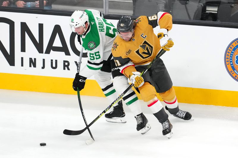 Dec 6, 2024; Las Vegas, Nevada, USA; Vegas Golden Knights right wing Mark Stone (61) blocks a shot attempt by Dallas Stars defenseman Thomas Harley (55) during the third period at T-Mobile Arena. Mandatory Credit: Stephen R. Sylvanie-Imagn Images