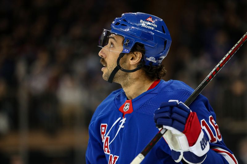 Mar 19, 2024; New York, New York, USA; New York Rangers center Vincent Trocheck (16) during the first period against the Winnipeg Jets at Madison Square Garden. Mandatory Credit: Danny Wild-USA TODAY Sports