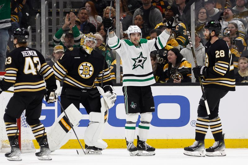 Feb 19, 2024; Boston, Massachusetts, USA; Dallas Stars center Wyatt Johnston (53) celebrates his goal on Boston Bruins goaltender Jeremy Swayman (1) during the first period at TD Garden. Mandatory Credit: Winslow Townson-USA TODAY Sports