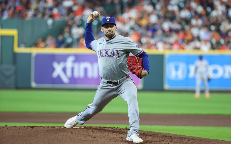 Apr 14, 2024; Houston, Texas, USA; Texas Rangers pitcher Nathan Eovaldi (17) delivers a pitch during the first inning against the Houston Astros at Minute Maid Park. Mandatory Credit: Troy Taormina-USA TODAY Sports
