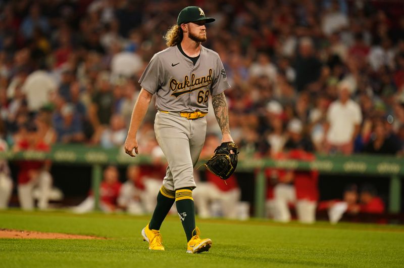 Jul 9, 2024; Boston, Massachusetts, USA; Oakland Athletics starting pitcher Joey Estes (68) is taken out of the game against the Boston Red Sox in the second inning at Fenway Park. Mandatory Credit: David Butler II-USA TODAY Sports
