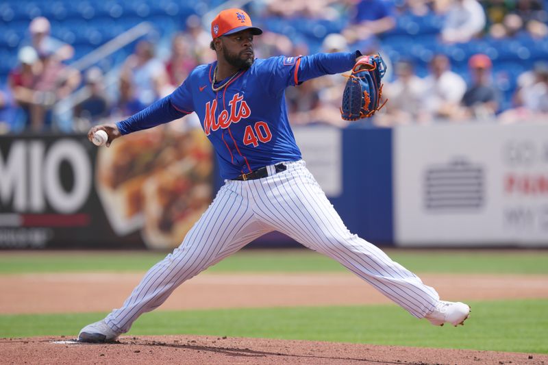 Mar 24, 2024; Port St. Lucie, Florida, USA;  New York Mets starting pitcher Luis Severino (40) pitches in the first inning against the Washington Nationals at Clover Park. Mandatory Credit: Jim Rassol-USA TODAY Sports