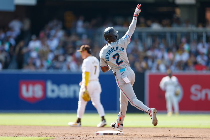 May 27, 2024; San Diego, California, USA; Miami Marlins center fielder Jazz Chisholm Jr. (2) celebrates as he rounds second base after hitting a one run home run in the third inning against the San Diego Padres at Petco Park. Mandatory Credit: David Frerker-USA TODAY Sports