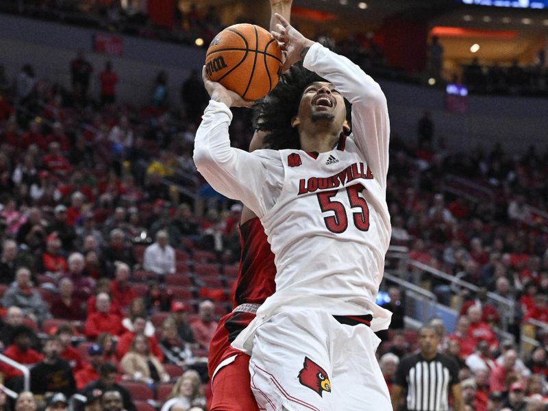 Jan 13, 2024; Louisville, Kentucky, USA;  Louisville Cardinals guard Skyy Clark (55) shoots the ball against the North Carolina State Wolfpack during the second half at KFC Yum! Center. Mandatory Credit: Jamie Rhodes-USA TODAY Sports