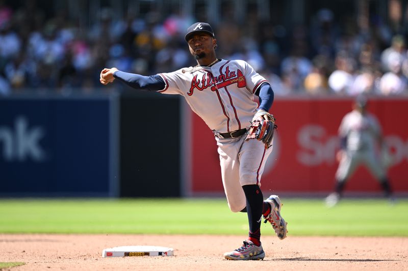 Apr 19, 2023; San Diego, California, USA; Atlanta Braves second baseman Ozzie Albies (1) throws to first base on a ground out by San Diego Padres third baseman Manny Machado (not pictured) during the eighth inning at Petco Park. Mandatory Credit: Orlando Ramirez-USA TODAY Sports