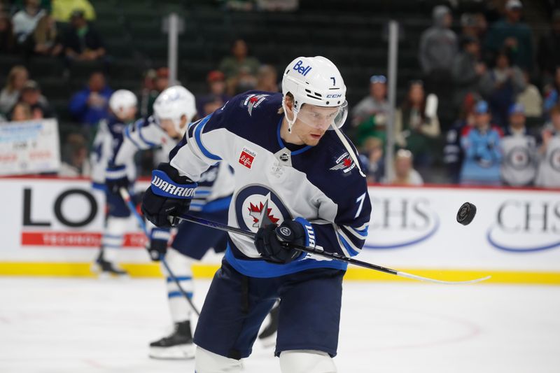 Apr 6, 2024; Saint Paul, Minnesota, USA; Winnipeg Jets center Vladislav Namestnikov (7) juggles the puck as he warms up before a game against the Minnesota Wild at Xcel Energy Center. Mandatory Credit: Bruce Fedyck-USA TODAY Sports