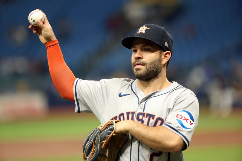 Aug 14, 2024; St. Petersburg, Florida, USA; Houston Astros second base Jose Altuve (27) looks on during the third inning against the Tampa Bay Rays at Tropicana Field. Mandatory Credit: Kim Klement Neitzel-USA TODAY Sports
