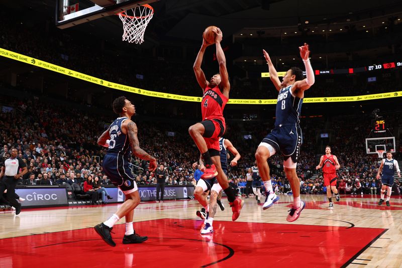 TORONTO, CANADA - FEBRUARY 28: Scottie Barnes #4 of the Toronto Raptors drives to the basket during the game against the Dallas Mavericks on February 28, 2024 at the Scotiabank Arena in Toronto, Ontario, Canada.  NOTE TO USER: User expressly acknowledges and agrees that, by downloading and or using this Photograph, user is consenting to the terms and conditions of the Getty Images License Agreement.  Mandatory Copyright Notice: Copyright 2024 NBAE (Photo by Vaughn Ridley/NBAE via Getty Images)