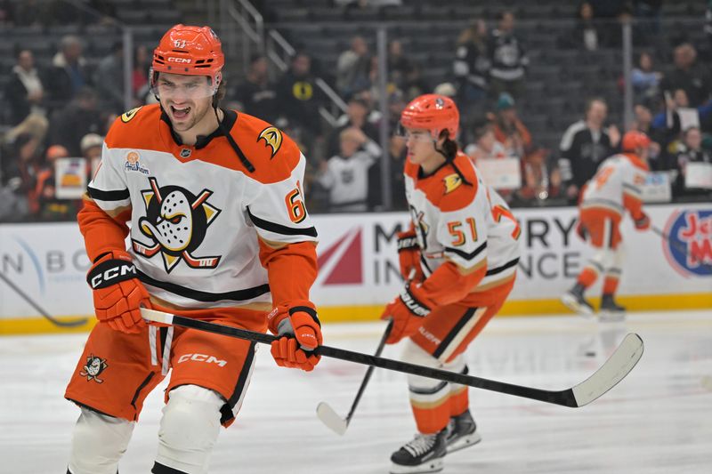 Dec 27, 2025; Los Angeles, California, USA;  Anaheim Ducks left wing Cutter Gauthier (61) warms up prior to the game against the Los Angeles Kings at Crypto.com Arena. Mandatory Credit: Jayne Kamin-Oncea-Imagn Images