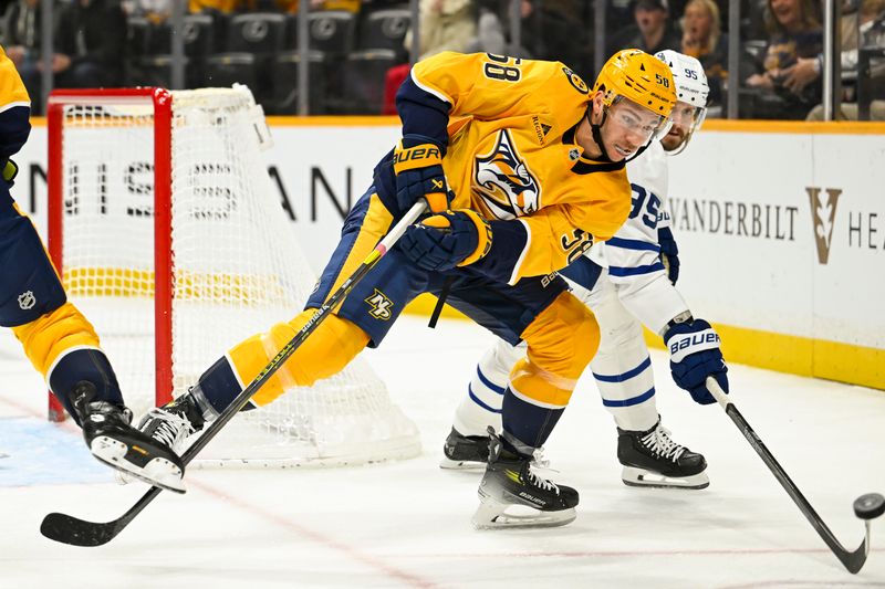 Dec 20, 2025; Nashville, Tennessee, USA;  Nashville Predators left wing Michael Bunting (58) and Toronto Maple Leafs defenseman Oliver Ekman-Larsson (95) battle for the puck during the first period at Bridgestone Arena. Mandatory Credit: Steve Roberts-Imagn Images