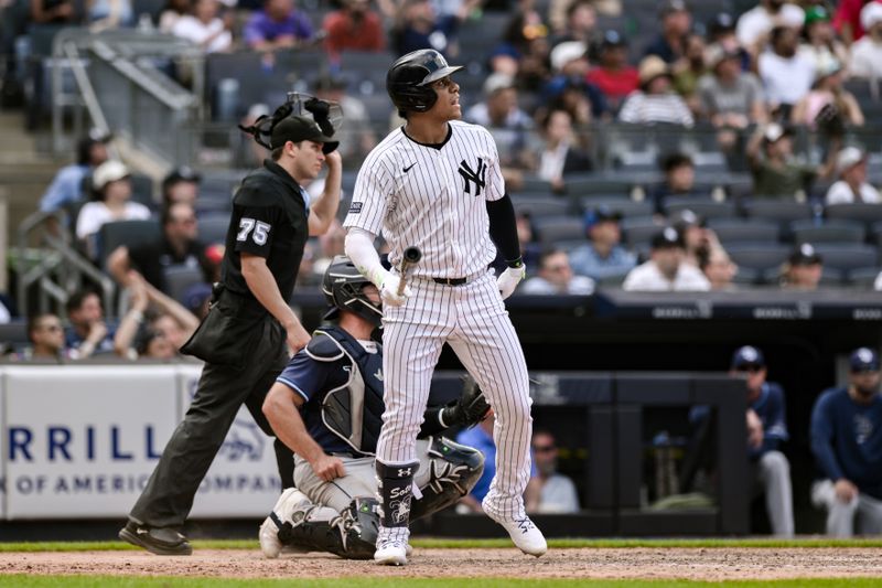 Jul 21, 2024; Bronx, New York, USA; New York Yankees outfielder Juan Soto (22) hits a RBI double against the Tampa Bay Rays during the ninth inning at Yankee Stadium. Mandatory Credit: John Jones-USA TODAY Sports