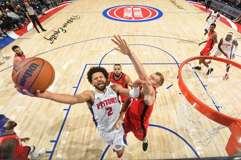 DETROIT, MI - NOVEMBER 10: Cade Cunningham #2 of the Detroit Pistons drives to the basket during the game against the Houston Rockets on November 10, 2024 at Little Caesars Arena in Detroit, Michigan. NOTE TO USER: User expressly acknowledges and agrees that, by downloading and/or using this photograph, User is consenting to the terms and conditions of the Getty Images License Agreement. Mandatory Copyright Notice: Copyright 2024 NBAE (Photo by Chris Schwegler/NBAE via Getty Images)