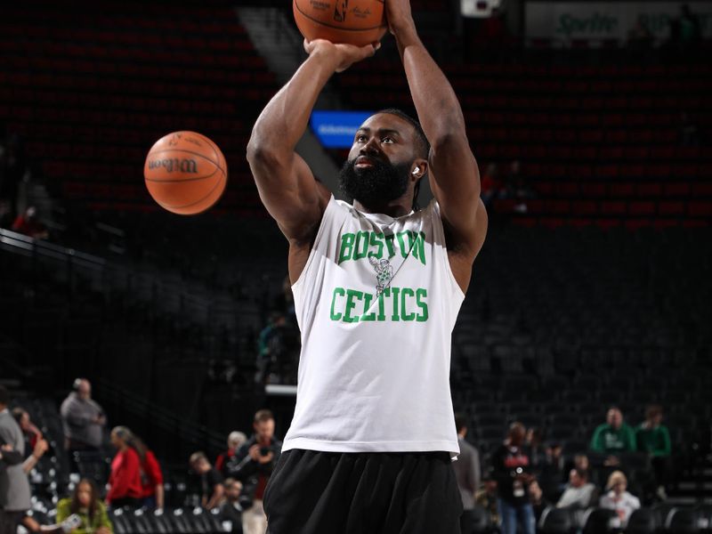 PORTLAND, OR - MARCH 11:  Jaylen Brown #7 of the Boston Celtics warms up before the game against the Portland Trail Blazers on March 11, 2024 at the Moda Center Arena in Portland, Oregon. NOTE TO USER: User expressly acknowledges and agrees that, by downloading and or using this photograph, user is consenting to the terms and conditions of the Getty Images License Agreement. Mandatory Copyright Notice: Copyright 2024 NBAE (Photo by Cameron Browne/NBAE via Getty Images)