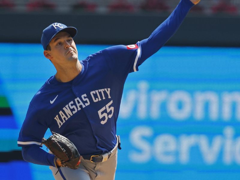 Aug 14, 2024; Minneapolis, Minnesota, USA; Kansas City Royals starting pitcher Cole Ragans (55) throws against the Minnesota Twins in the first inning at Target Field. Mandatory Credit: Bruce Kluckhohn-USA TODAY Sports