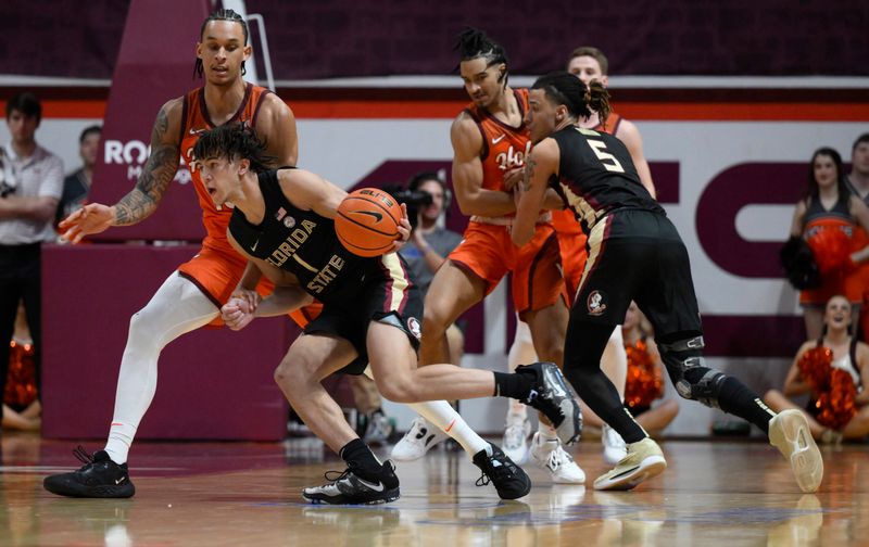 Mar 4, 2023; Blacksburg, Virginia, USA; Florida State Seminoles guard Jalen Warley (1) dribbles the ball against Virginia Tech Hokies center Lynn Kidd (15) in the second half at Cassell Coliseum. Mandatory Credit: Lee Luther Jr.-USA TODAY Sports