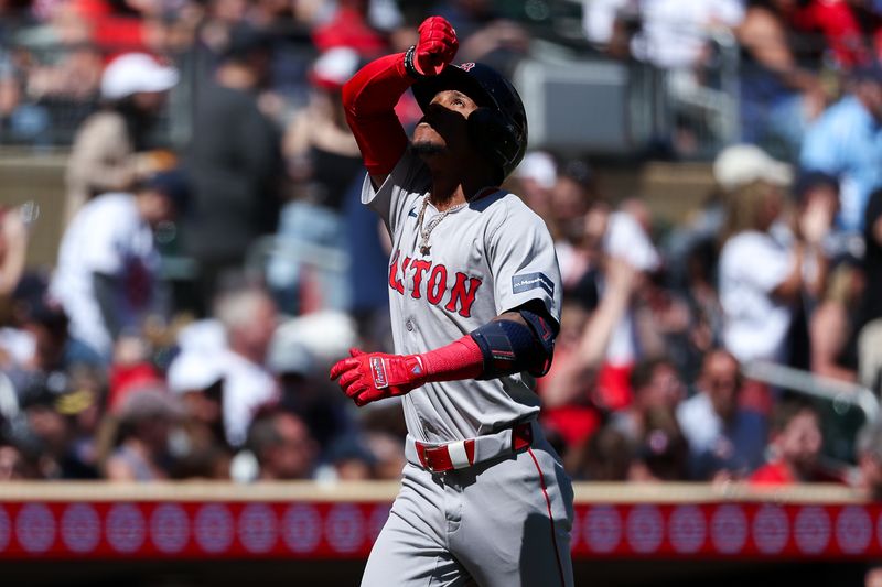 May 5, 2024; Minneapolis, Minnesota, USA; Boston Red Sox Ceddanne Rafaela (43) celebrates his two-run home run against the Minnesota Twins during the fifth inning at Target Field. Mandatory Credit: Matt Krohn-USA TODAY Sports