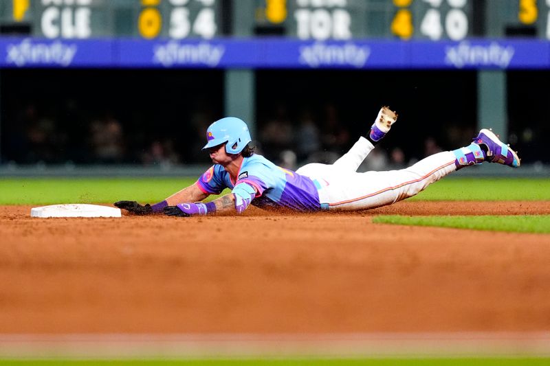 Aug 15, 2025; Denver, Colorado, USA; Colorado Rockies left fielder Jordan Beck (27) doubles in the fifth inning against the Arizona Diamondbacks at Coors Field. Mandatory Credit: Ron Chenoy-Imagn Images