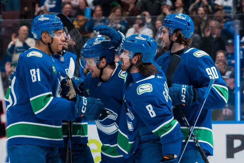 Mar 15, 2025; Vancouver, British Columbia, CAN; Vancouver Canucks forward Dakota Joshua (81) and forward Conor Garland (8) and defenseman Derek Forbort (27) and defenseman Vittorio Mancini (90) and forward Pius Suter (24) celebrate Suter’s goal against the Chicago Blackhawks in the third period at Rogers Arena. Mandatory Credit: Bob Frid-Imagn Images