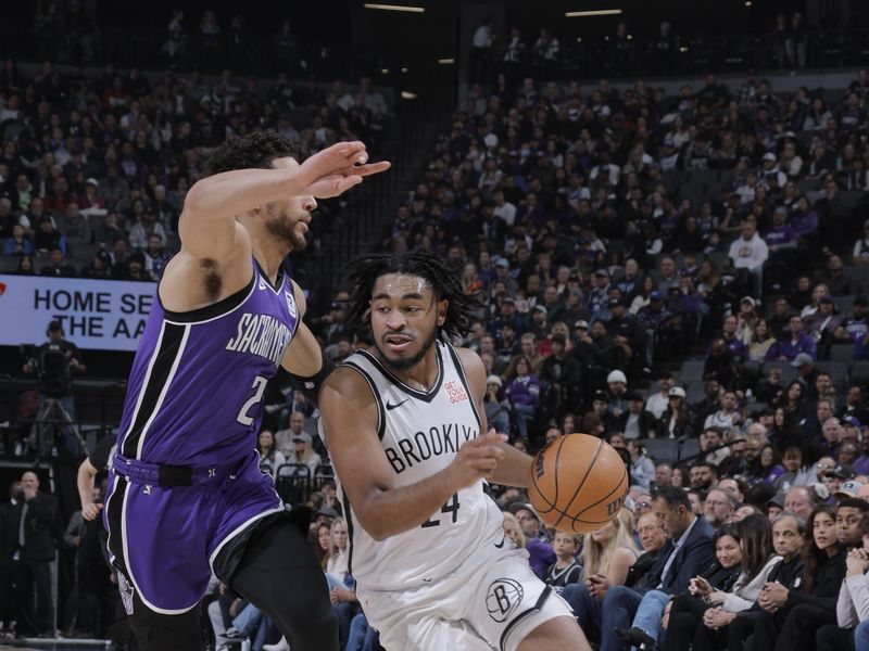 SACRAMENTO, CA - NOVEMBER 24: Cam Thomas #24 of the Brooklyn Nets dribbles the ball during the game against the Sacramento Kings on November 24, 2024 at Golden 1 Center in Sacramento, California. NOTE TO USER: User expressly acknowledges and agrees that, by downloading and or using this Photograph, user is consenting to the terms and conditions of the Getty Images License Agreement. Mandatory Copyright Notice: Copyright 2024 NBAE (Photo by Rocky Widner/NBAE via Getty Images)