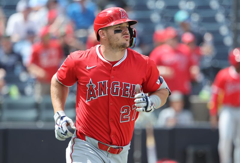 Apr 10, 2025; Tampa, Fl, USA; Los Angeles Angels designated hitter Mike Trout (27) hits a home run during the ninth inning against the Tampa Bay Rays at George M. Steinbrenner Field. Mandatory Credit: Kim Klement Neitzel-Imagn Images