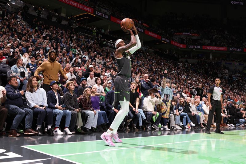 MINNEAPOLIS, MN -  NOVEMBER 26: Jaden McDaniels #3 of the Minnesota Timberwolves shoots a three point basket during the game against the Houston Rockets during the Emirates NBA Cup game on November 26, 2024 at Target Center in Minneapolis, Minnesota. NOTE TO USER: User expressly acknowledges and agrees that, by downloading and or using this Photograph, user is consenting to the terms and conditions of the Getty Images License Agreement. Mandatory Copyright Notice: Copyright 2024 NBAE (Photo by David Sherman/NBAE via Getty Images)