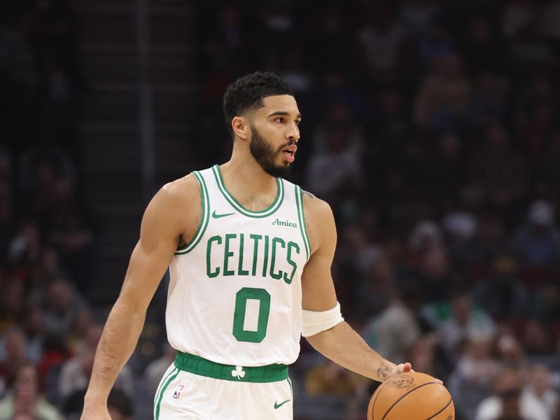 CLEVELAND, OH - DECEMBER 1: Jayson Tatum #0 of the Boston Celtics dribbles the ball during the game against the Cleveland Cavaliers on December 1, 2024 at Rocket Mortgage FieldHouse in Cleveland, Ohio. NOTE TO USER: User expressly acknowledges and agrees that, by downloading and/or using this Photograph, user is consenting to the terms and conditions of the Getty Images License Agreement. Mandatory Copyright Notice: Copyright 2024 NBAE (Photo by  Lauren Leigh Bacho/NBAE via Getty Images)