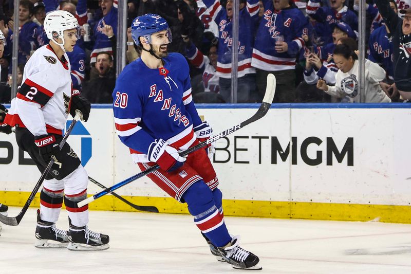 Apr 15, 2024; New York, New York, USA;  New York Rangers left wing Chris Kreider (20) celebrates after an assist in the first period against the Ottawa Senators at Madison Square Garden. Mandatory Credit: Wendell Cruz-USA TODAY Sports