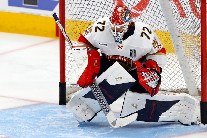 Jun 4, 2025; Edmonton, Alberta, CAN; Florida Panthers goaltender Sergei Bobrovsky (72) practices before game one of the 2025 Stanley Cup Final against the Edmonton Oilers at Rogers Place. Mandatory Credit: Perry Nelson-Imagn Images