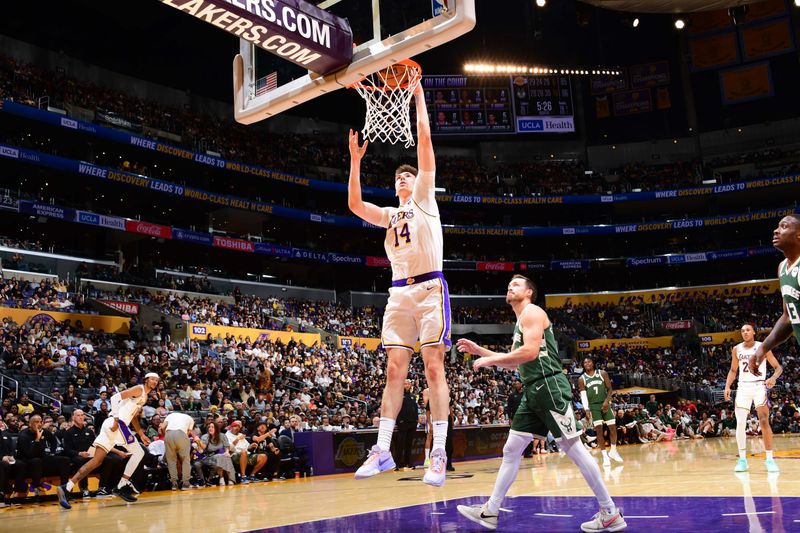 LOS ANGELES, CA - OCTOBER 15: Colin Castleton #14 of the Los Angeles Lakers dunks the ball during the game against the Milwaukee Bucks on October 15, 2023 at Crypto.Com Arena in Los Angeles, California. NOTE TO USER: User expressly acknowledges and agrees that, by downloading and/or using this Photograph, user is consenting to the terms and conditions of the Getty Images License Agreement. Mandatory Copyright Notice: Copyright 2023 NBAE (Photo by Adam Pantozzi/NBAE via Getty Images)