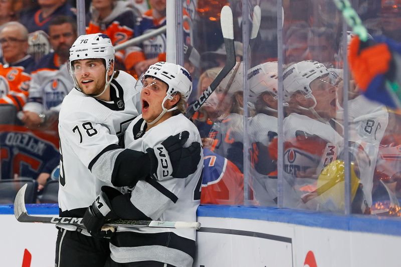 May 1, 2024; Edmonton, Alberta, CAN; The Los Angeles Kings celebrate a goal by forward Blake Lizotte (46) during the second period against the Edmonton Oilers in game five of the first round of the 2024 Stanley Cup Playoffs at Rogers Place. Mandatory Credit: Perry Nelson-USA TODAY Sports