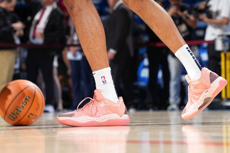 OKLAHOMA CITY, OK - JUNE 8: The sneakers worn by Tyrese Haliburton #0 of the Indiana Pacers before the game against the Oklahoma City Thunder during Game Two of the 2025 NBA Finals on June 8, 2025 at Paycom Center in Oklahoma City, Oklahoma. NOTE TO USER: User expressly acknowledges and agrees that, by downloading and or using this photograph, User is consenting to the terms and conditions of the Getty Images License Agreement. Mandatory Copyright Notice: Copyright 2025 NBAE (Photo by Jesse D. Garrabrant/NBAE via Getty Images)